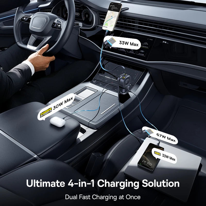 100W Car Charger with Dual USB-C Ports Fast Charging Retractable Cable 450° Rotation