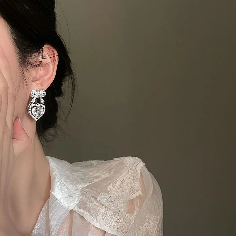 Pink Heart Shape Bowknot Stud Earrings with CZ Zircon for Women