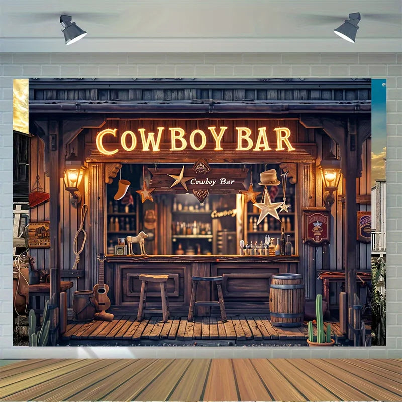 Retro Western Bar Background Banner - Homer Themed Party Decor with Wooden Bar, Wheel Bucket & Stool