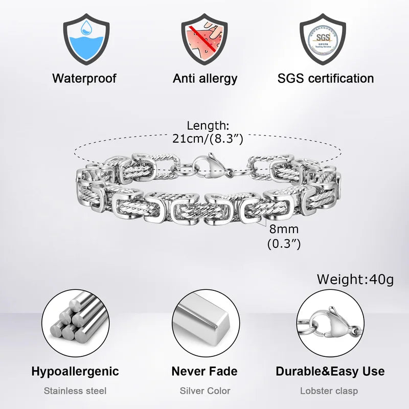 Stainless Steel Byzantine Bracelet for Men - Vintage Style Bold Square Links