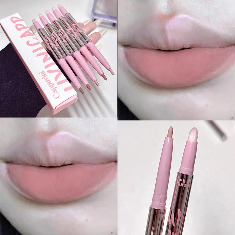 Lip Shadow Liner Pen Matte Lipstick Base Waterproof Lip Contouring Pencil with Brush