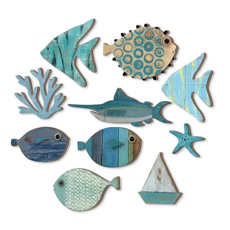 Handcrafted Wooden Ocean Wall Art Set with Fish Coral Starfish Sailboat Coastal Decor