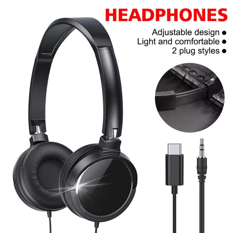 Wired Headphones with 3.5mm & Type-C Plug, Foldable Stereo Earphones for Music & Calls