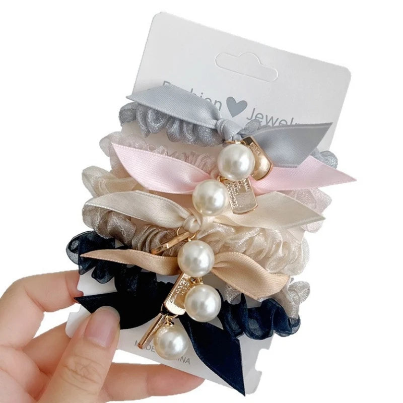 5pcs Elastic Hair Ties for Women and Girls - Korean Style Bow Hair Rings