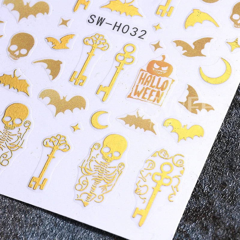 Halloween Nail Stickers Gold Skeleton Pumpkin Bat Key 3pcs Manicure Decals