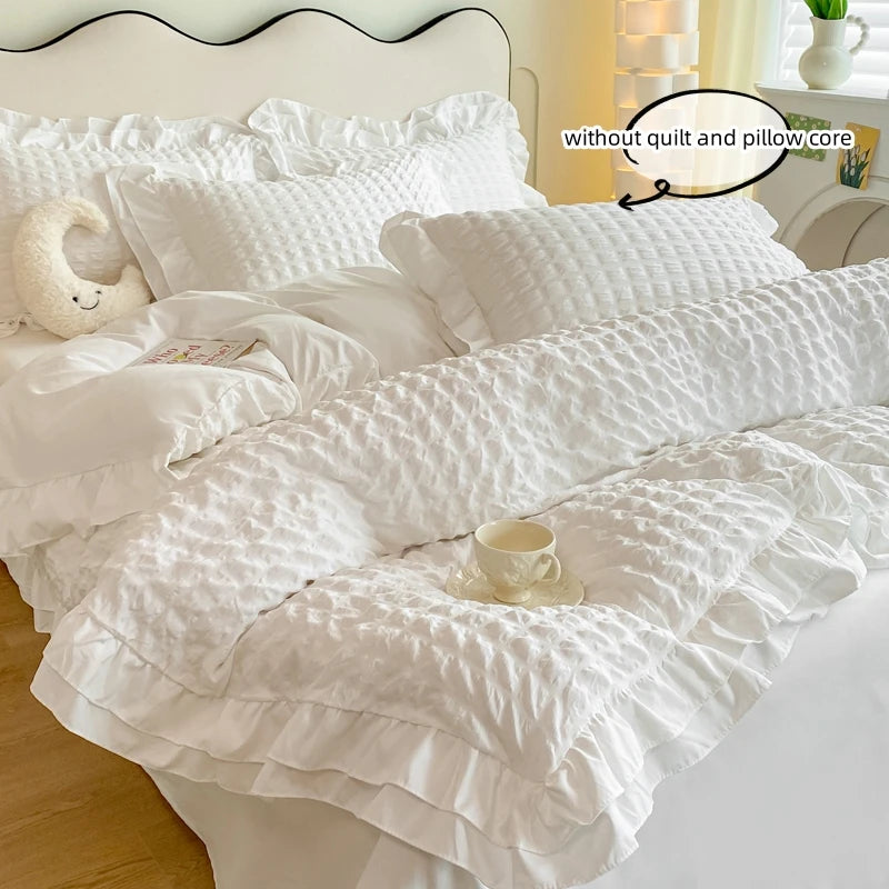Korean Lace Bedding Set 3 Pieces Seersucker Duvet Cover and Pillowcases