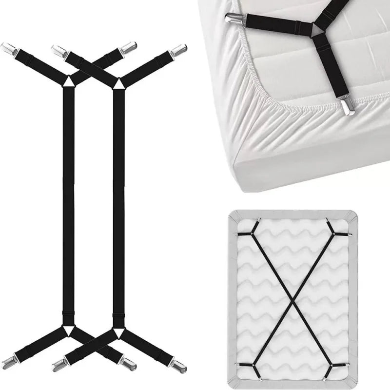 Elastic Bed Sheet Fastener Straps - Adjustable Non-Slip Crisscross Clips