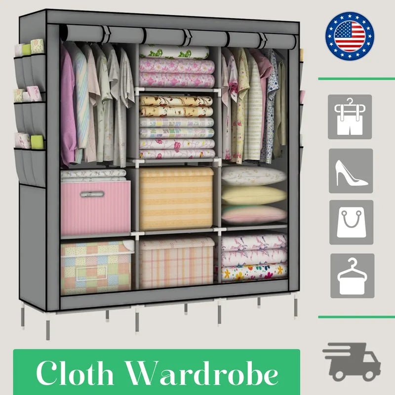 Portable Closet Organizer Storage Rack with 3 Hanging Bars and 6 Compartments