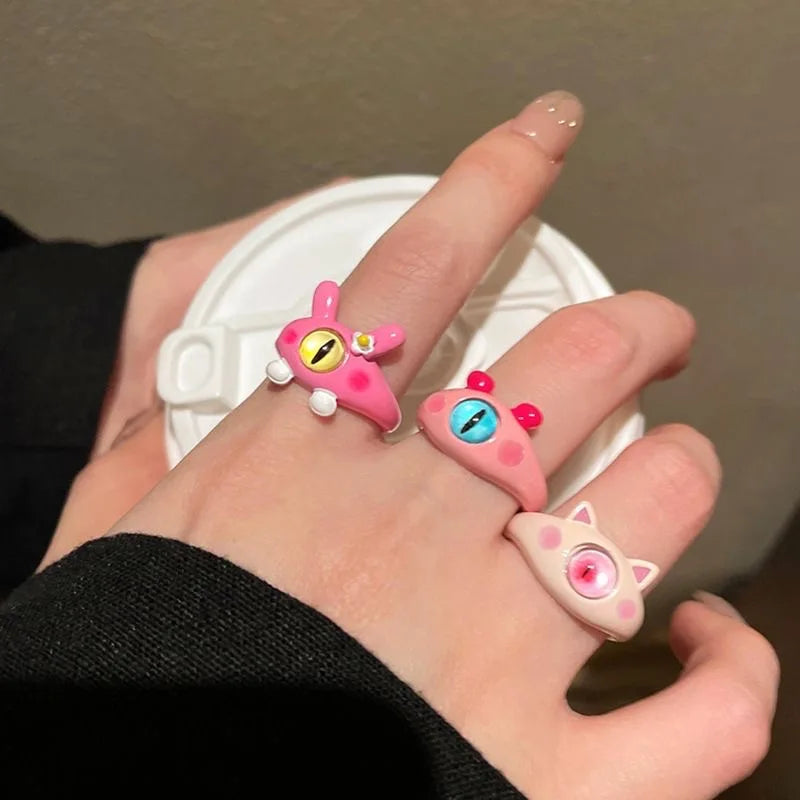 Anime Monster Eyes Shape Adjustable Finger Ring - Cartoon Animal Ear Design