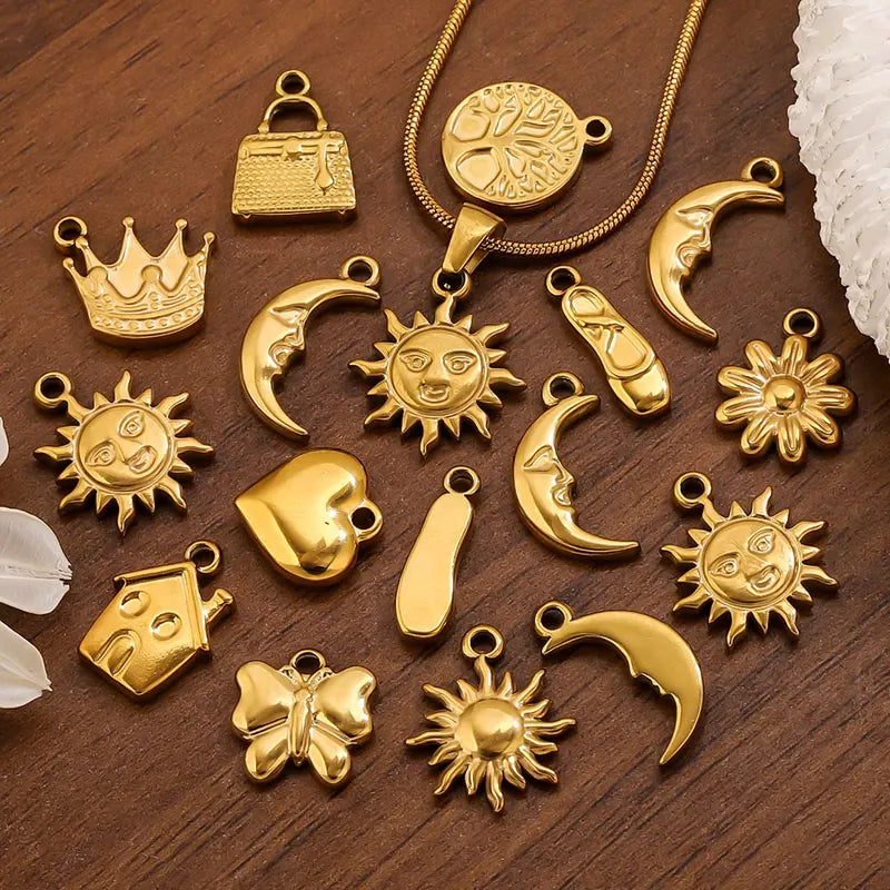 10pcs Stainless Steel Charms for Jewelry Making - Sun Moon Flower Pendants, Gold & Silver Plated