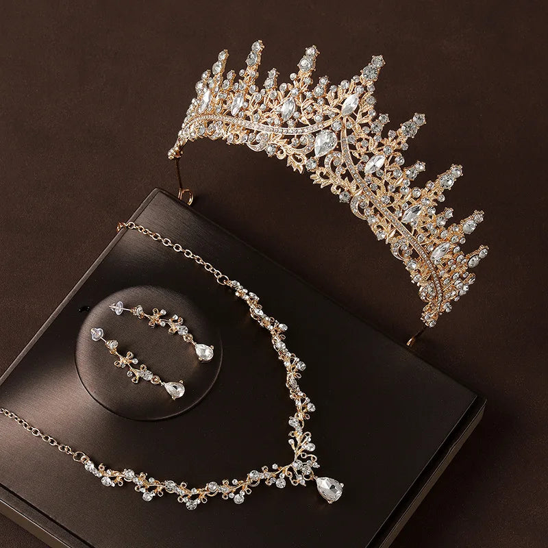 Bridal Wedding Jewelry 4-Piece Set with Crystal Crown Necklace & Earrings - Women's Classic Tiaras