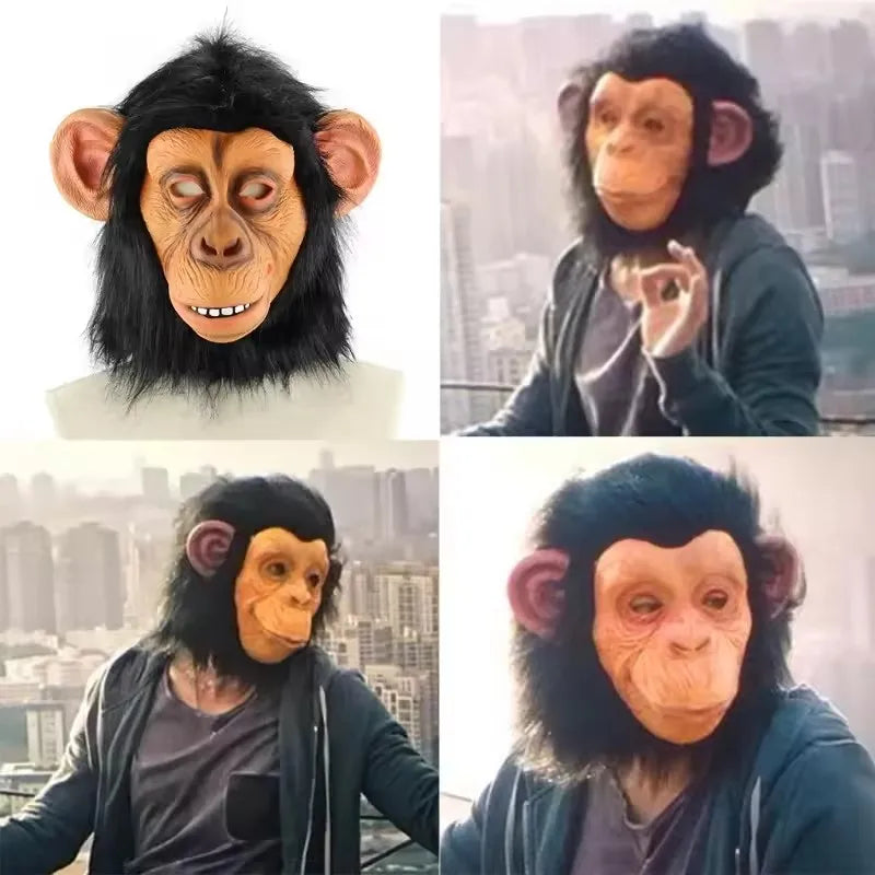 Latex Monkey Mask with Wig Funny Full Face Animal Costume Prop for Halloween & Parties