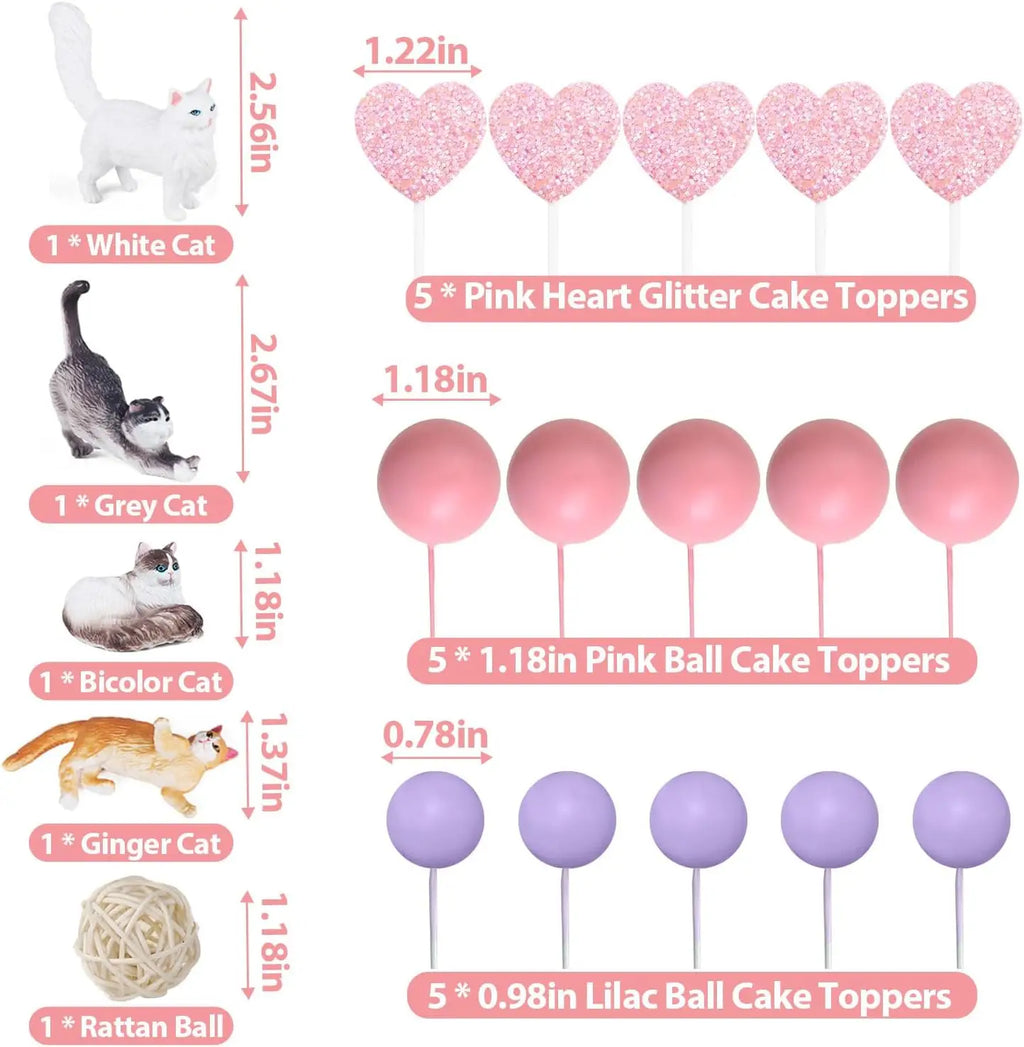 20pcs Cat Cake Decorations Heart Cake Toppers for Birthday & Baby Shower