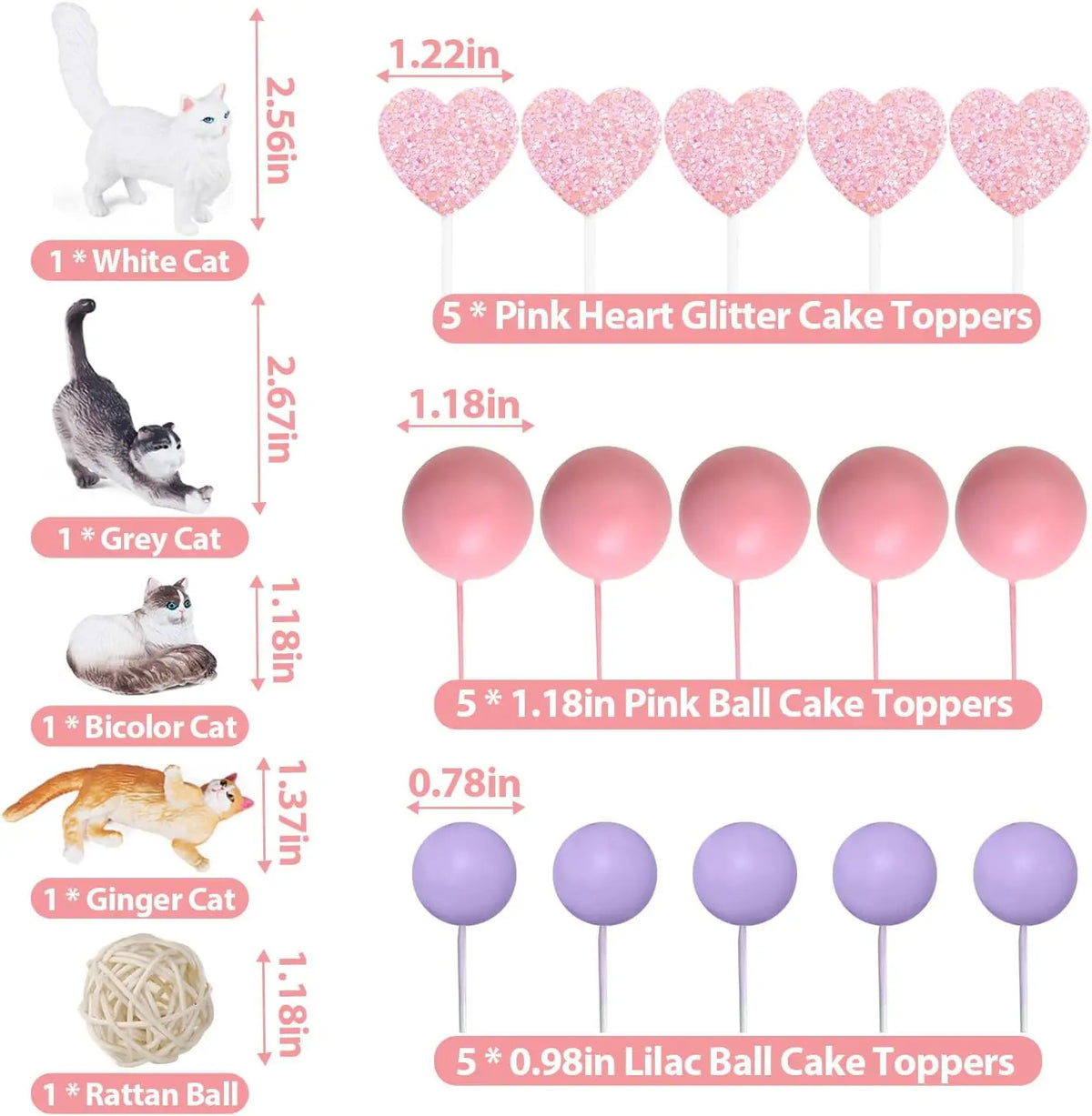 20pcs Cat Cake Decorations Heart Cake Toppers for Birthday & Baby Shower