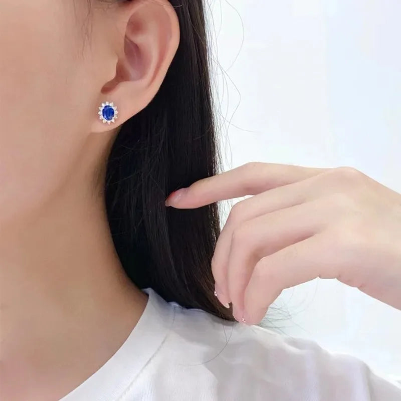 925 Sterling Silver Earrings with Blue Crystal Zircon for Women Wedding Engagement Jewelry