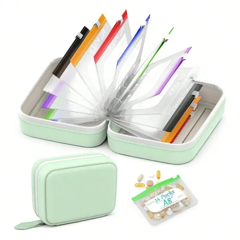 Waterproof Zipper Medicine Pouch Set with 14 Color Designs Weekly Organizer for Supplement Storage