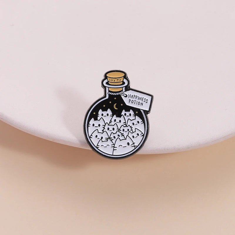Cartoon Cat Happiness Potion Enamel Lapel Pin for Cat Enthusiasts Gift Jewelry