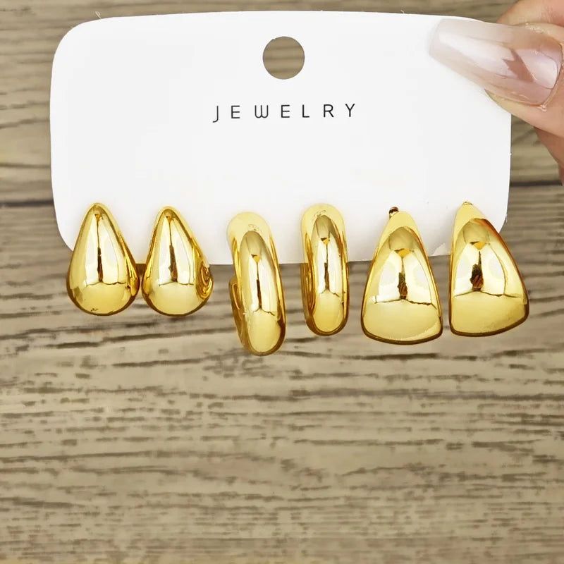 6-Piece Chunky Gold Plated Waterdrop Hoop Earrings Set for Women - Elegant Jewelry