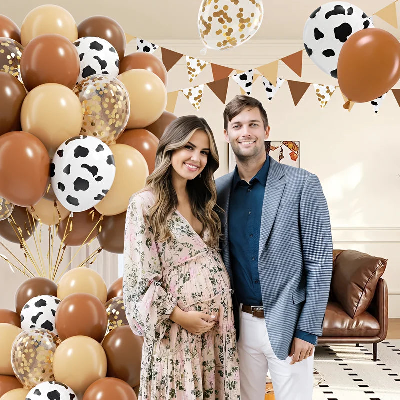 60pcs Cow Print Latex Balloons for Farm Cowboy Baby Shower Birthday Party Decor - Gold Confetti & Nude Brown
