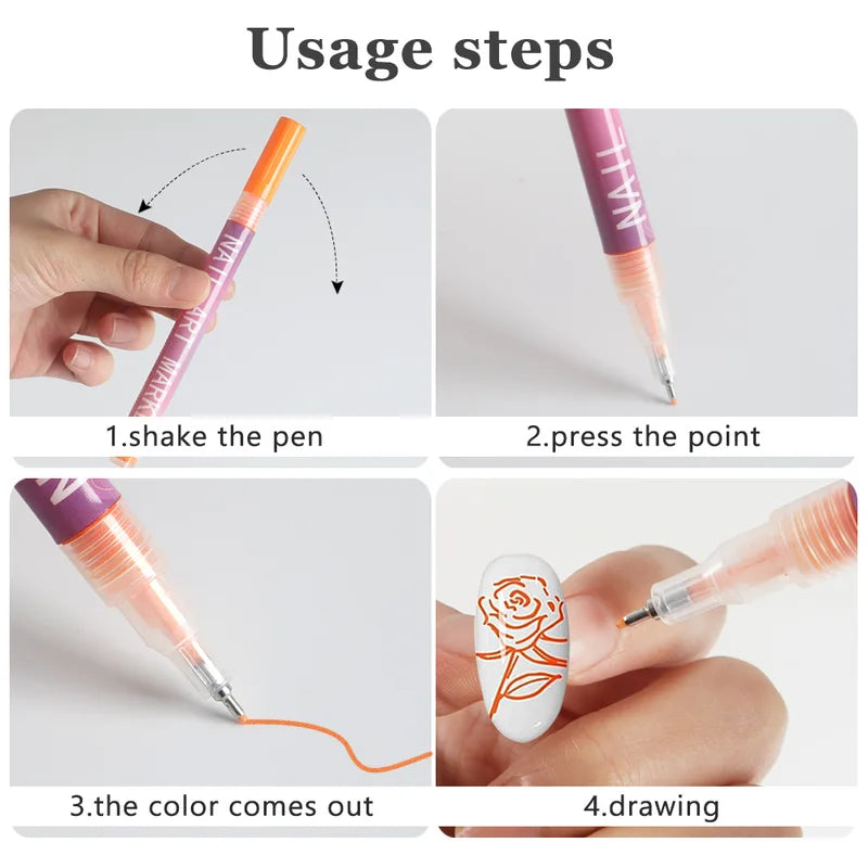 12 Colors Acrylic Nail Art Pen Set - Waterproof Quick Dry DIY Manicure Markers