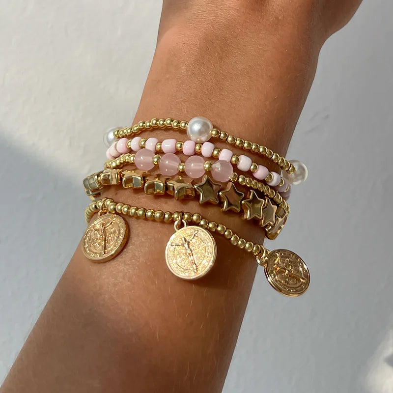Retro Multi-Layer Star Pendant Bracelet with Beaded Elastic Thread