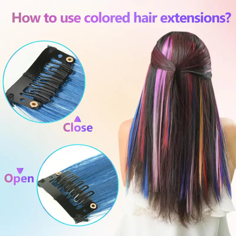 Colorful Clip-In Hair Extensions 5-Piece Rainbow Hair Set for Women & Girls