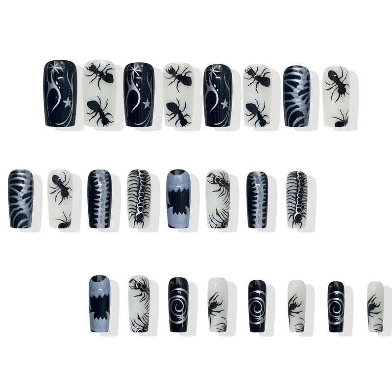 24-Piece Halloween Thriller Style False Nails with Ant Bugs Pattern - Press-On Nail Art Kit