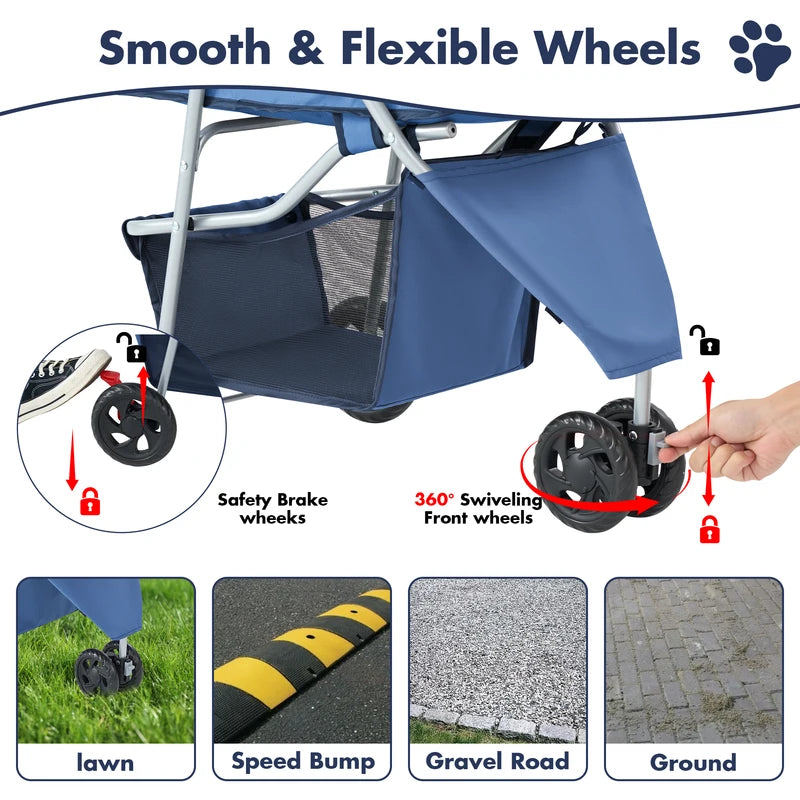 Foldable Pet Stroller for Small Dogs Cats - 3 Wheels, Mesh Windows, Storage