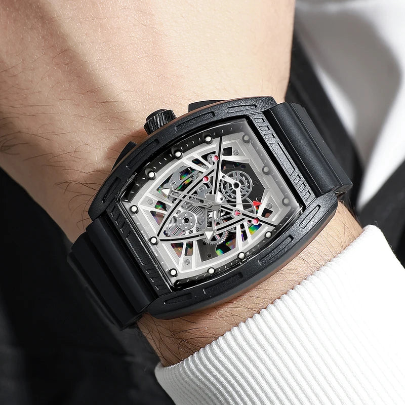 Men's Skeleton Dial Quartz Watch with Silicone Strap - Casual Sports Wristwatch