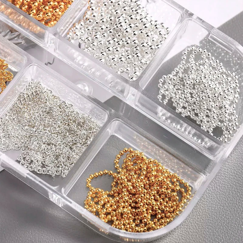 Metal Nail Chain Charms Set - Gold Silver Twisted Bead Links for Nail Art
