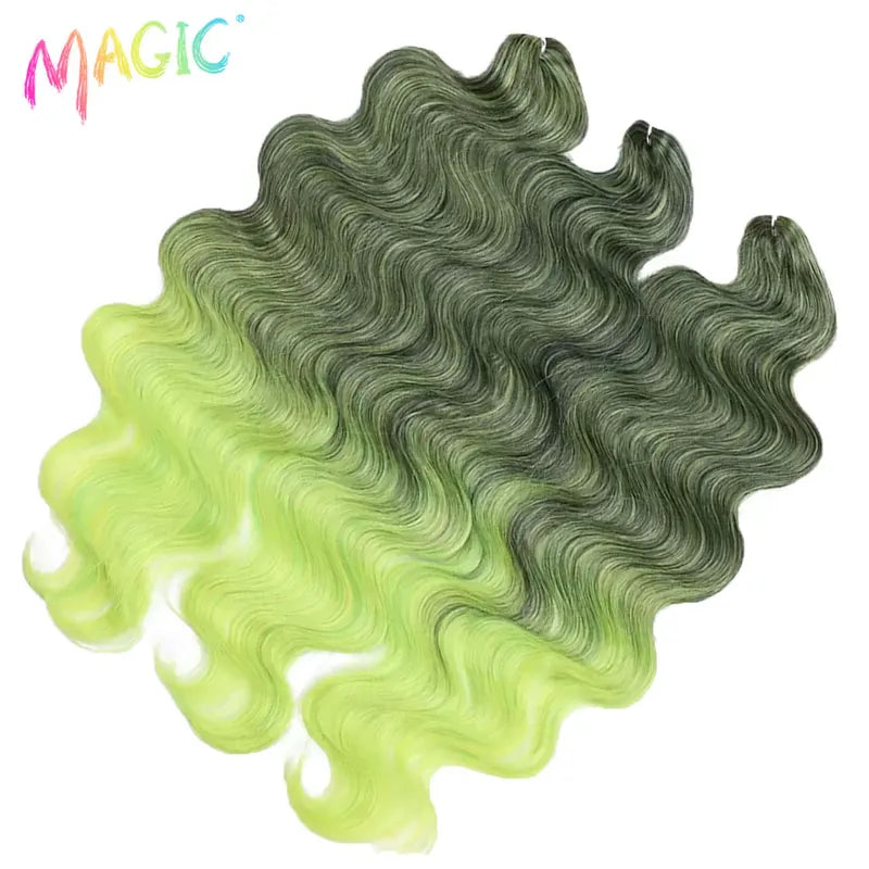 Long Synthetic Body Wave Crochet Hair Extensions 24 Inch Ombre Blue Green