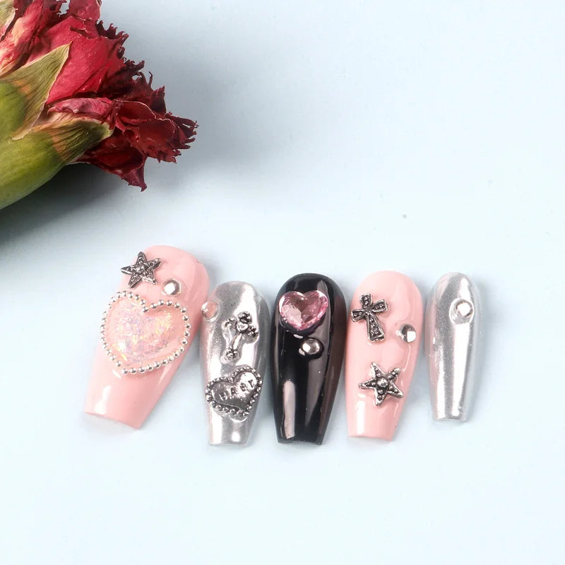 50PCS Mixed 3D Punk Silver Heart Cross Nail Charms for Manicure Nail Art