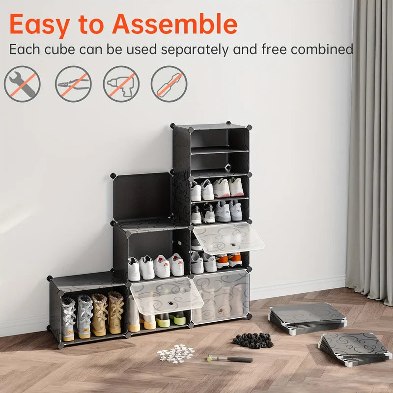 Large Plastic Shoe Storage Cabinet for 72 Pairs - Portable Organizer with Doors
