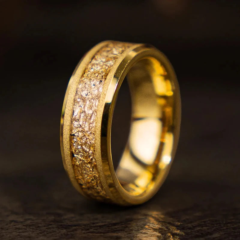 Men's Gold Tungsten Carbide Wedding Band with Gold Leaf Inlay - Comfort Fit