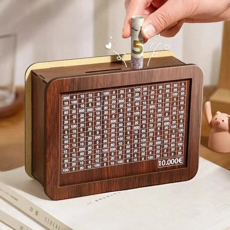 Wooden Piggy Bank Money Box with Coin & Note Slots for Savings, Reusable Vault