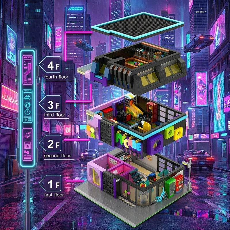 Cyberpunk Building Block Model Kit with Lighting - Modular City Architecture, 2600+ PCS, Adults Gift