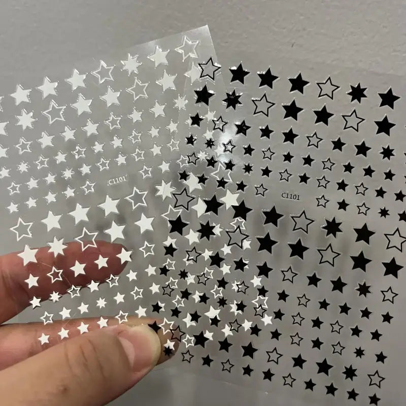 Black White Star 3D Nail Art Sticker Set with Laser Shine Glitter for Manicure - Multiple Colors