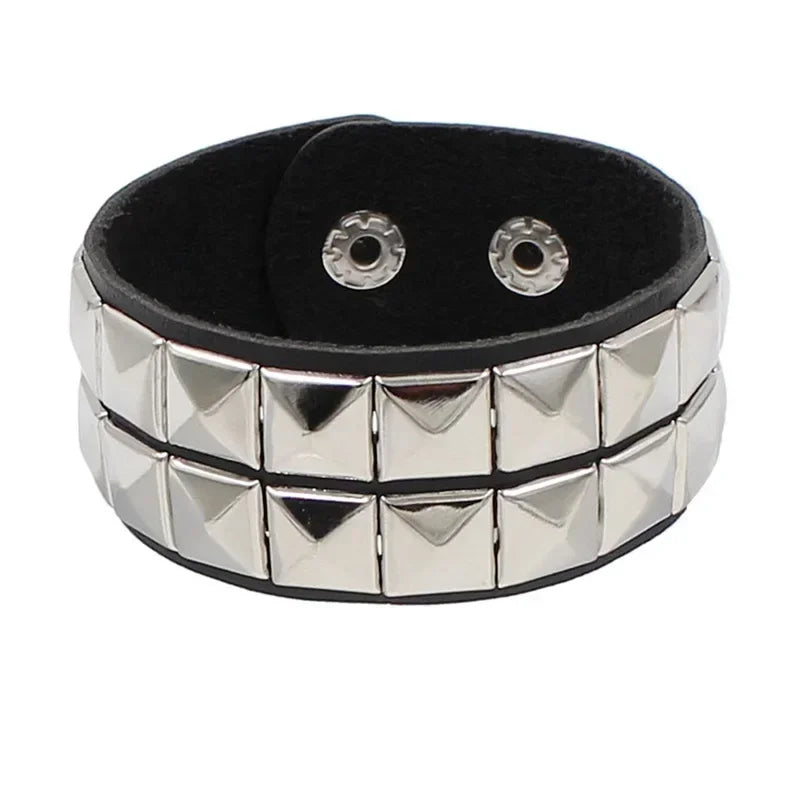 Men's Punk Leather Cuff Bracelet with Metal Rivets and Charms - Gothic Wristband