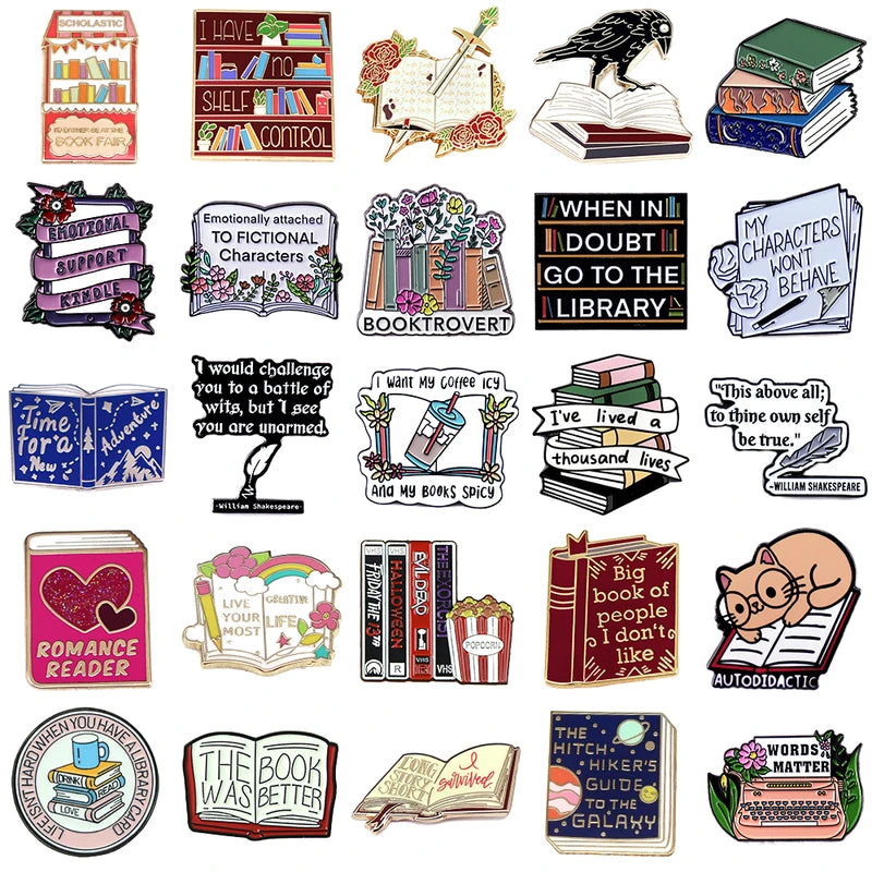 Cute Book Collection Enamel Pins Set - Letters Flowers Library Badge Brooch Jewelry Gift