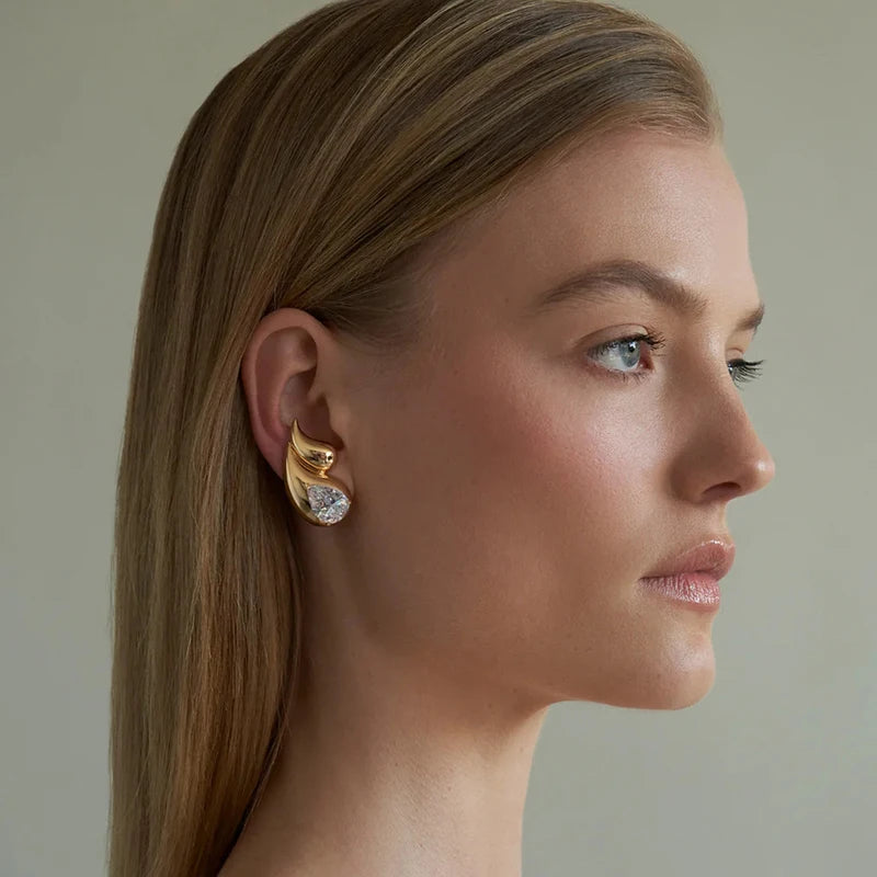 Gold Chunky Double Teardrop Earrings with Clear Crystals for Women