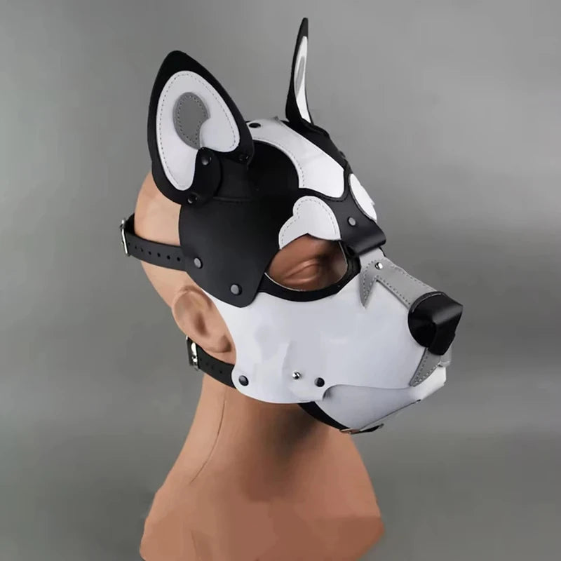 White and Black Puppy Cosplay Leather Full Face Mask for Role Play Halloween Costume