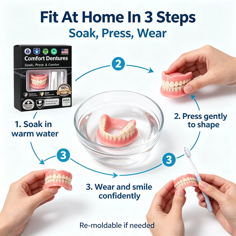 Moldable Silicone Denture Kit - Upper & Lower False Teeth with Free Toothbrush & Toothpaste, Natural Ivory, Color Variants