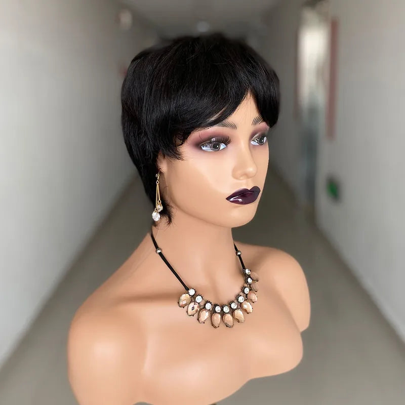 Short Pixie Cut Human Hair Wig - Brazilian Straight Black Wigs for Women