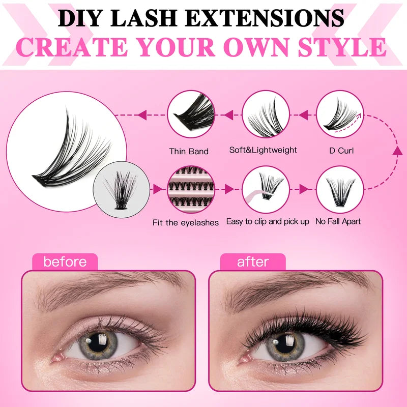 DIY False Eyelash Clusters Kit with Lash Bond, Seal & Applicator - Multiple Colors