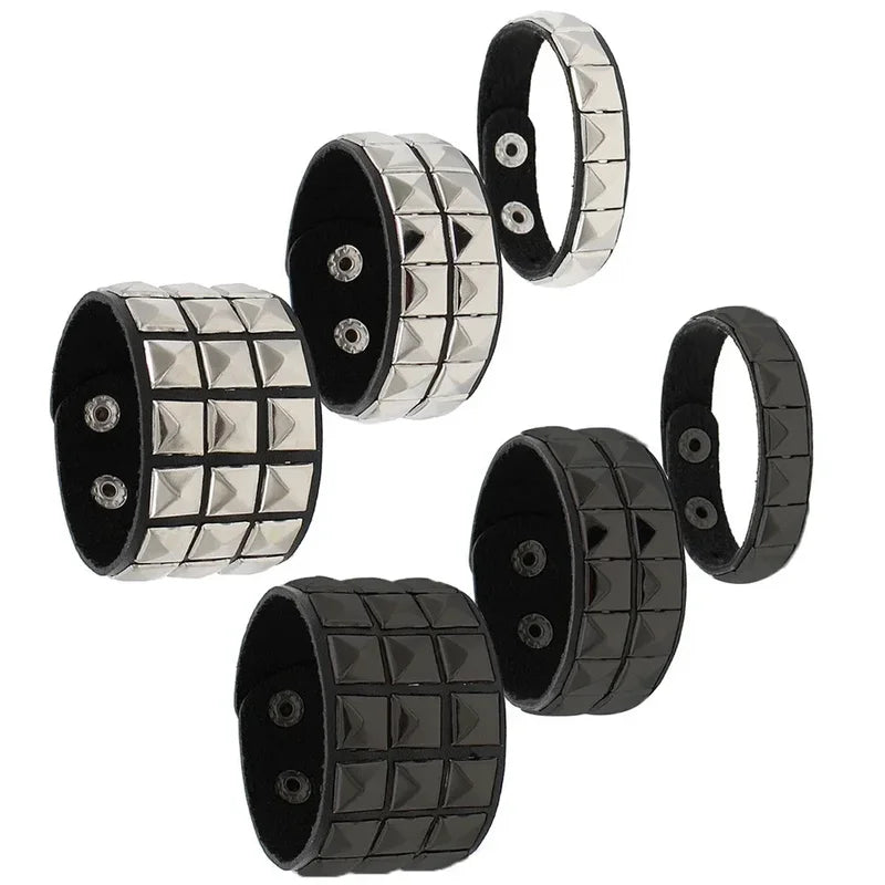 Men's Punk Leather Cuff Bracelet with Metal Rivets and Charms - Gothic Wristband
