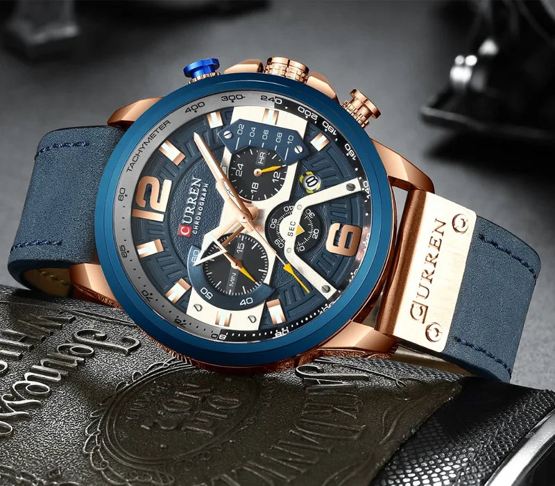 Men's Casual Sports Watch - Luxury Military Leather Chronograph, Multiple Colors