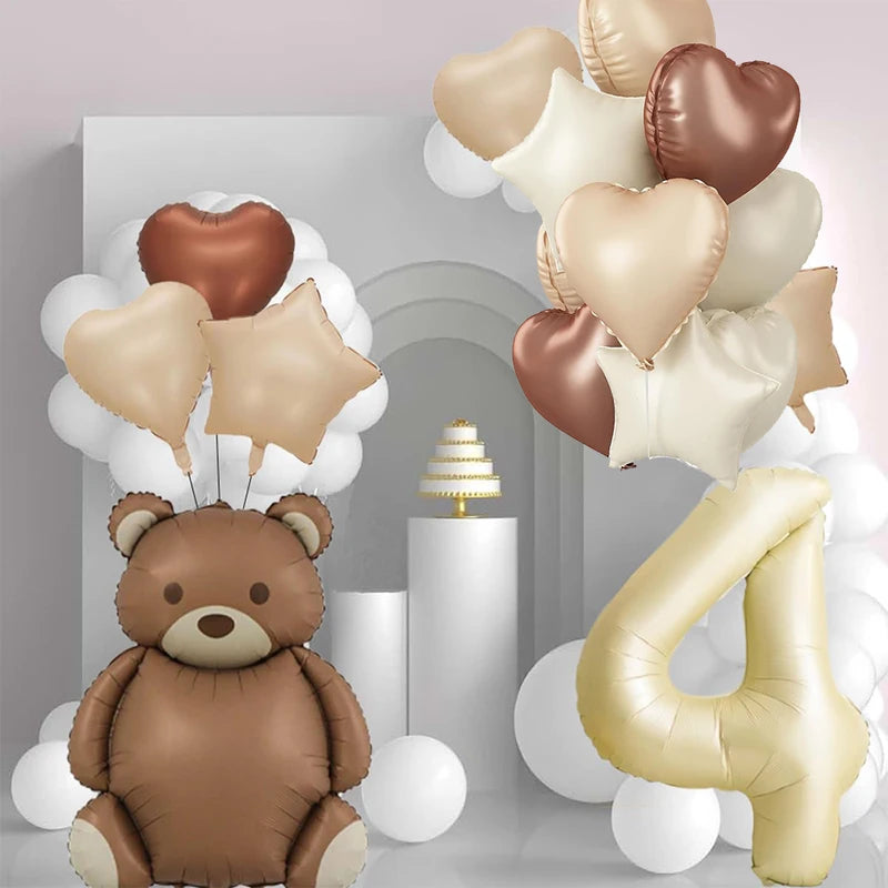 Inflatable Brown Bear Foil Balloon with Cream Number for Baby Shower Birthday Party
