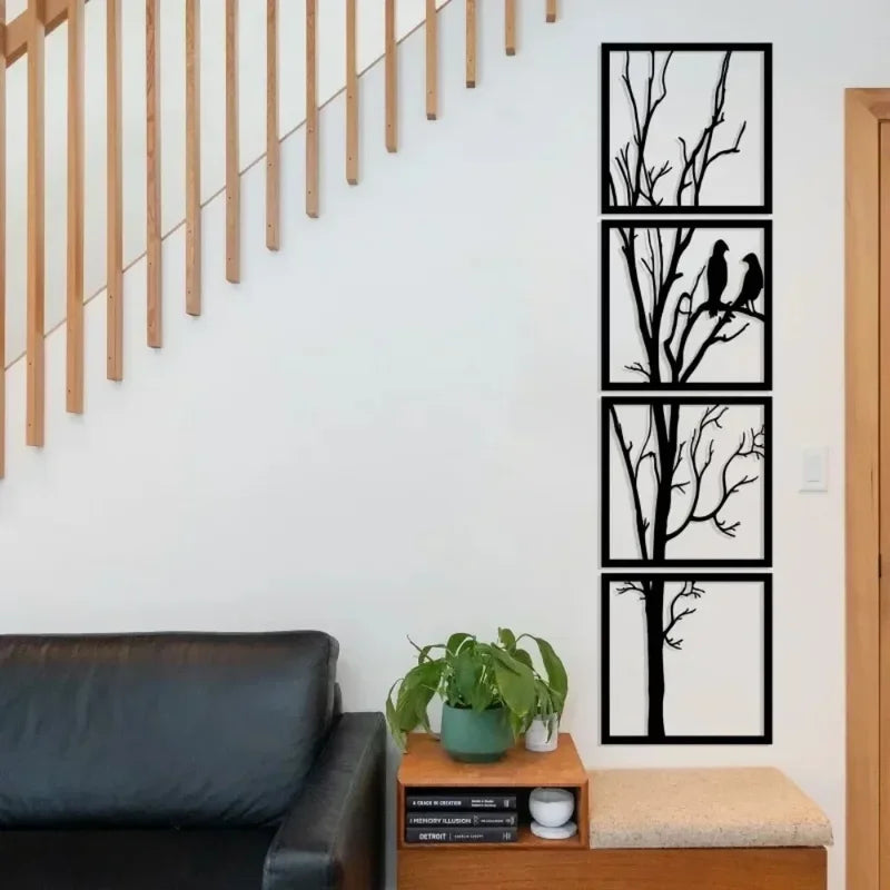 4-Piece Metal Tree & Bird Wall Art Set - Elegant Home Decor