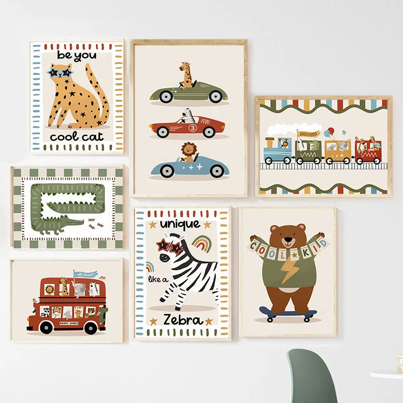 Nursery Wall Art Canvas Prints - Cartoon Animals for Kids Room Decor