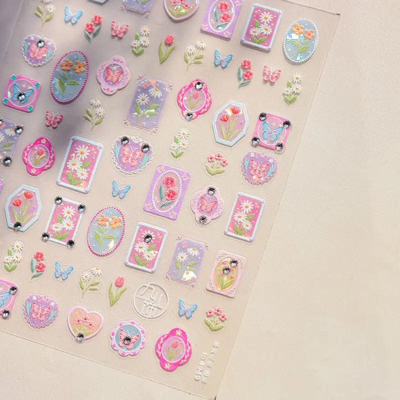 Luxury 5D Floral Nail Art Stickers with Crystals and Metal Frame - Self-Adhesive Manicure Decals